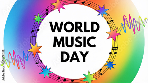 Vibrant World Music Day Graphic Illustration with Rainbow Background and Musical Notes