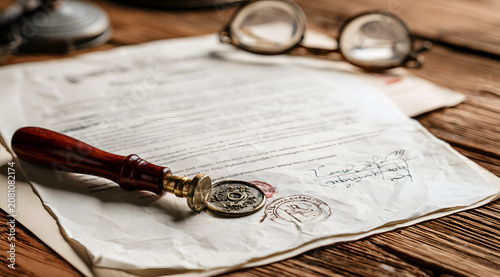 A certificate of acknowledgment for a legal document sits on a wooden desk, surrounded by a notary stamp and vintage glasses, conceptually representing a professional law firm's services
