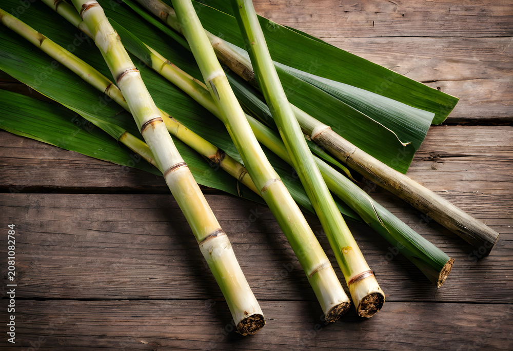Fototapeta premium Fresh sugar cane stalks on wooden surface with green leaves
