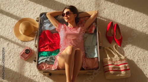 Top view of a Smiling woman and her open suitcase for travel on beige carpet
