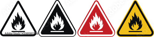 Set of four fire hazard warning signs with flame symbols in black, red, and yellow triangle designs isolated on transparent background