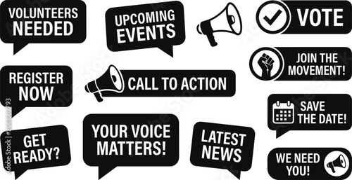 Election Campaign Speech Bubble Labels Collection – Call to Action, Vote, Register, Volunteer and Political Event Flat Vector Set