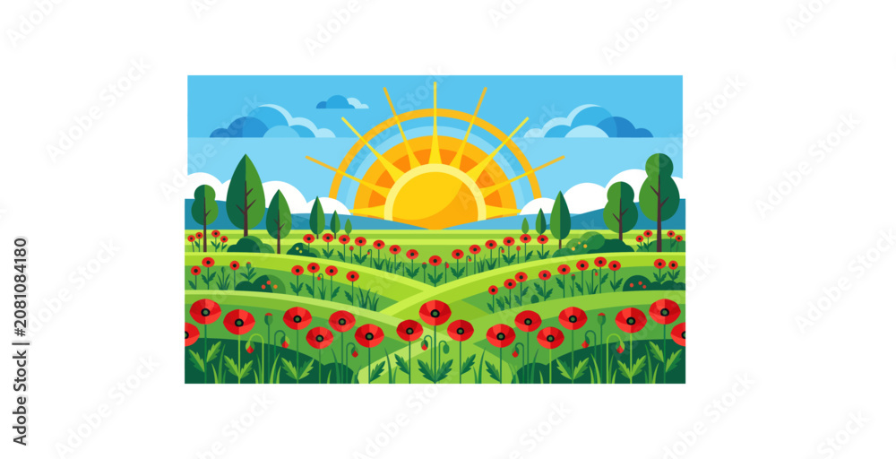 Fototapeta premium Sunrise Over Poppy Field Flat Design Vector Illustration