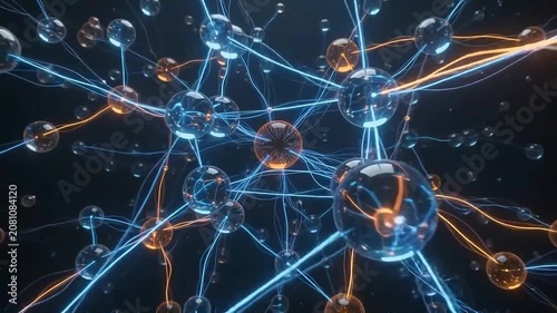Abstract Neural Network Nodes Connecting with Blue and Orange Energy Pulses, Futuristic Science and Technology Concept Animation