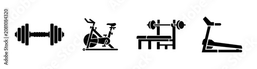 Gym equipment icon set featuring dumbbell exercise bike weight bench and treadmill black.