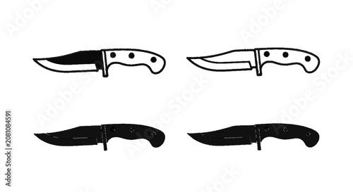Minimal black silhouette icon, simple flat vector, bold black shape, no gradients, no shading set of four hunting knife icons on a, flat icon style