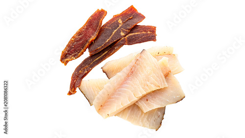 Tableau sur toile Assorted dried meat strips jerky snack protein food isolated on transparent back