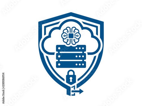 Digital shield protecting cloud servers and data with a padlock and AI brain icon symbolizing cybersecurity