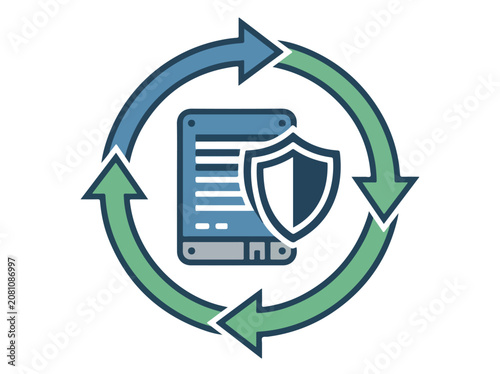 Digital data security and protection concept with a shield icon and circular arrows representing continuous data flow