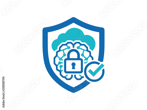 Cyber security shield protecting a digital brain and cloud with a checkmark for data protection and privacy