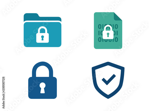 Digital security icons featuring a locked folder, encrypted document, padlock, and shield with checkmark for data
