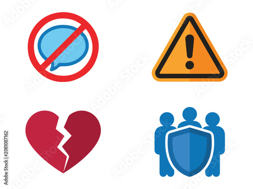 Set of four icons representing communication ban, warning sign, broken heart, and group protection concept