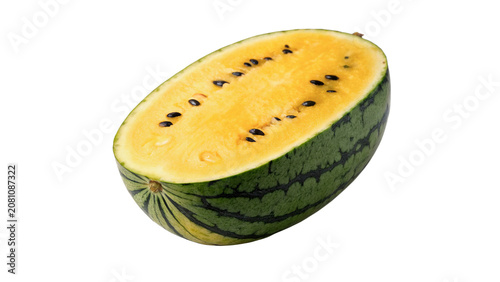 Schilderij op canvas Fresh halved ripe striped yellow watermelon slice isolated on a transparent back