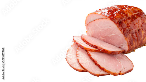 Fotografi Sliced delicious cooked cured ham meat portion block isolated on transparent bac