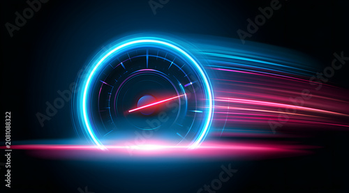 futuristic neon tachometer with maximum performance and rapid acceleration power, abstract and modern technology background