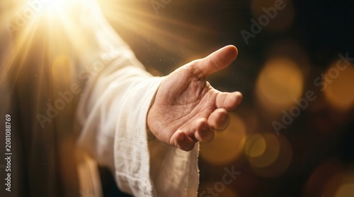 Tapety artystyczne Resurrected Jesus Christ reaching out his hand against a dark background.