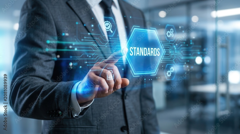 Obraz premium Businessman clicking on a Standards Quality assurance and control concept interface.