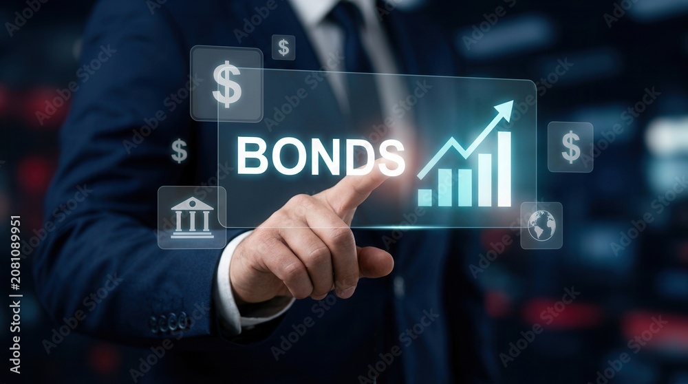Fototapeta premium Businessman clicking a virtual screen for bond finance and banking technology.