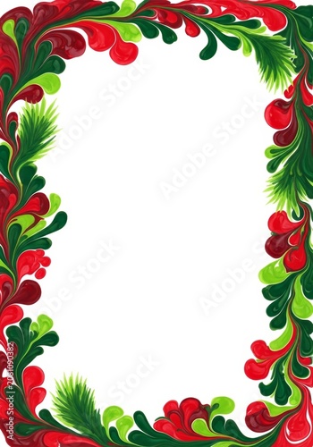Christmas frame with red and green floral swirls. Festive holiday border for greeting card or invitation. Abstract botanical pattern with pine branch element for winter celebration.