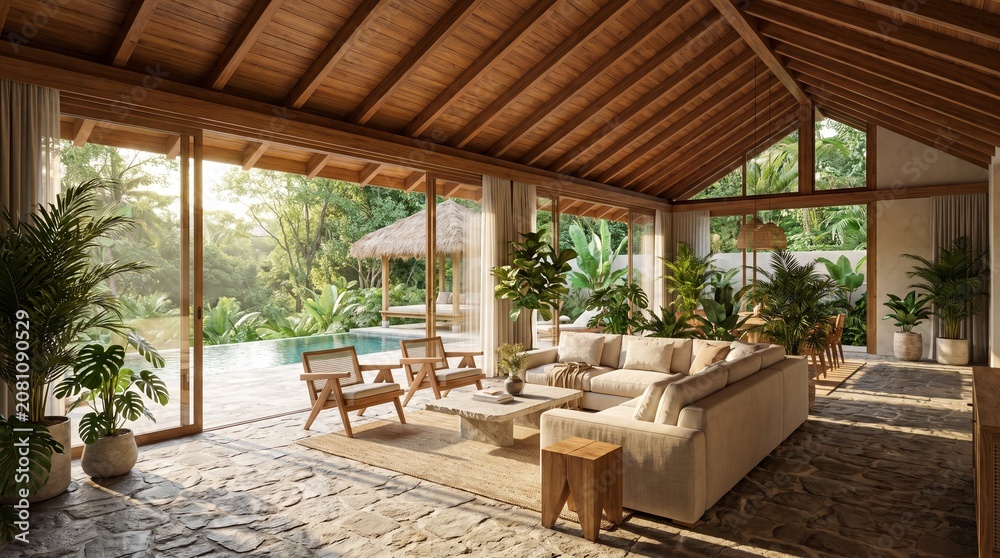 Fototapeta premium Luxurious Open Plan Tropical Villa Living Room with Pool View and Wooden Vaulted Ceiling