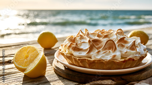 On a rustic wooden table, a golden-topped lemon meringue pie is displayed, accompanied by fresh lemons and framed by a bright seaside setting