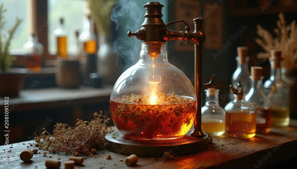 Obraz premium Antique apparatus with herbs steams and liquid drips. Glass flask with botanicals and warm glowing light. Bottles and dry plants on wooden table.