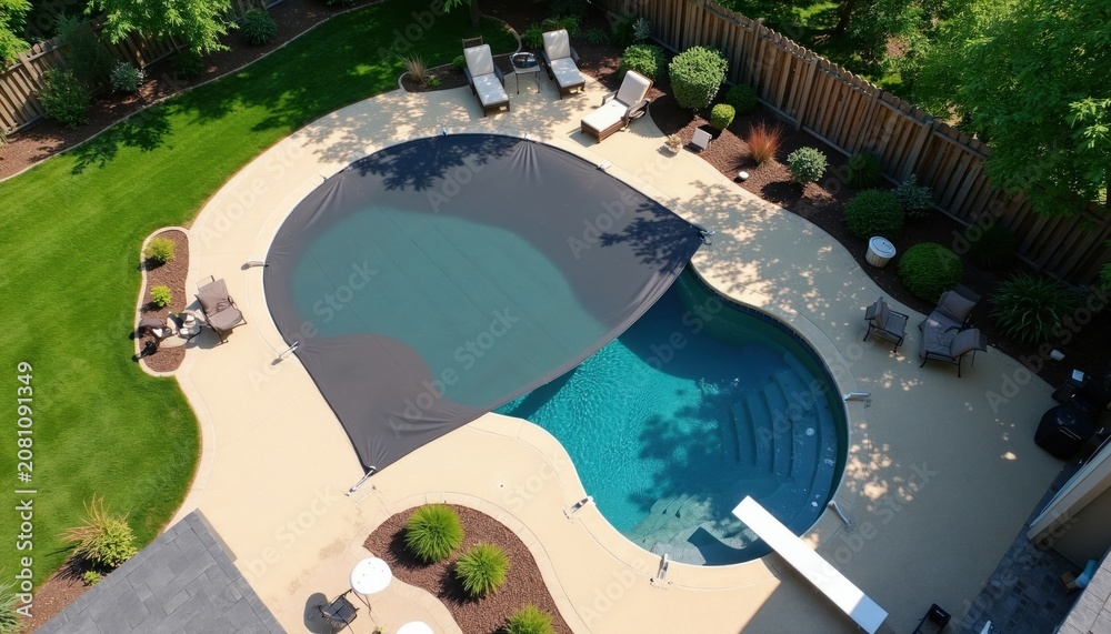 Fototapeta premium Aerial view of backyard swimming pool with safety cover on. Teal water, stone stpic, diving board, lounge chairs visible. Green lawn, wooden fence, lush trees surround area.
