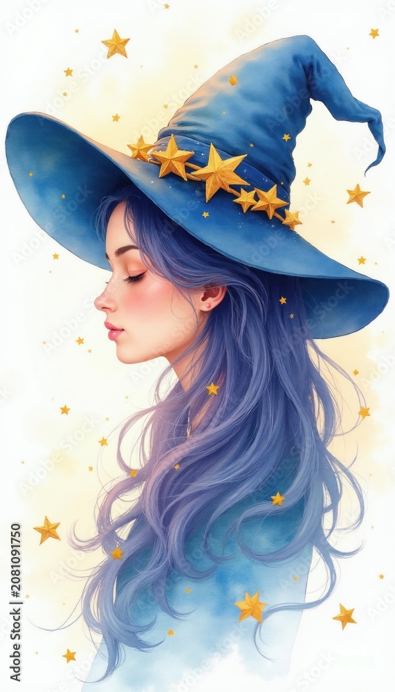 Obraz premium Whimsical watercolor art shows young woman profile wearing big blue witch hat with stars. Her long blue hair cascades as golden stars twinkle around her head, shoulders against soft yellow background.