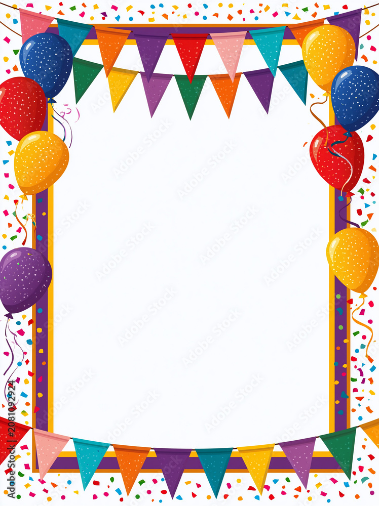 Obraz premium Colorful party frame with balloons and bunting flags on white background
