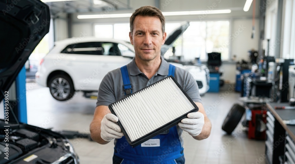Fototapeta premium Professional mechanic in gloves holding a new pleated cabin air filter in an automotive service center.