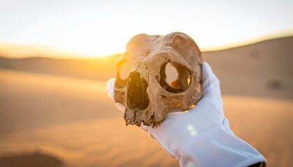 Person holds animal skull in desert sand at sunset