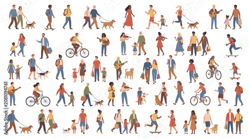 Large set of tiny miniature people including a diverse crowd of multiethnic men and women walking outdoors in various casual poses creating a vibrant urban human community collection.