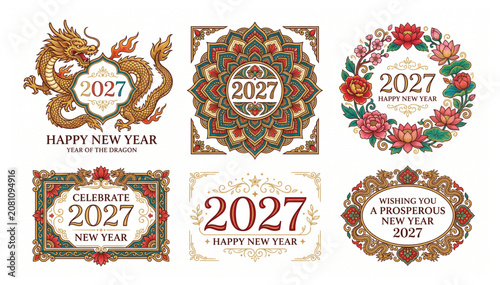 Happy New Year 2027 dragon greeting card collection with golden dragon, floral wreath, mandala ornament and premium vector illustration set