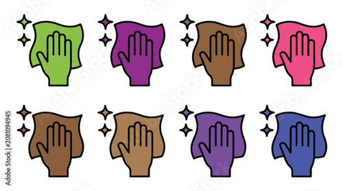 Cleaning Icons: A set of graphic icons depicting hands using different colored cloths to clean and shine surfaces, representing cleanliness and hygiene.