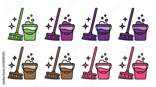 Cleaning supplies set. Set of cleaning tool icons. Colorful set of cleaning supplies including mop, bucket and sparkles, Isolated graphic elements for design.