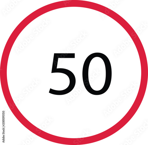 Road speed limit sign showing fifty kilometers per hour in a red circle