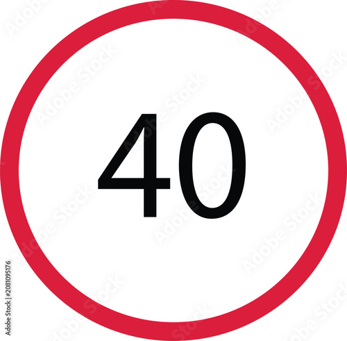 Circular road traffic sign with number forty speed limit in red and white colors