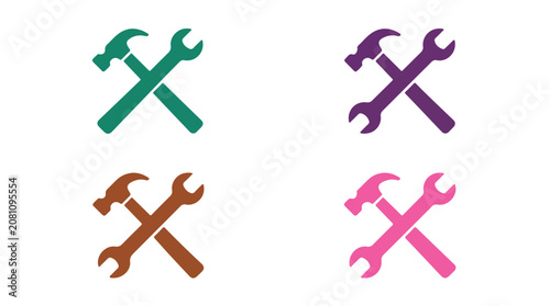 Tools Icon Set: A collection of four stylized icons featuring a hammer and wrench crossed, presented in different vibrant color variations.