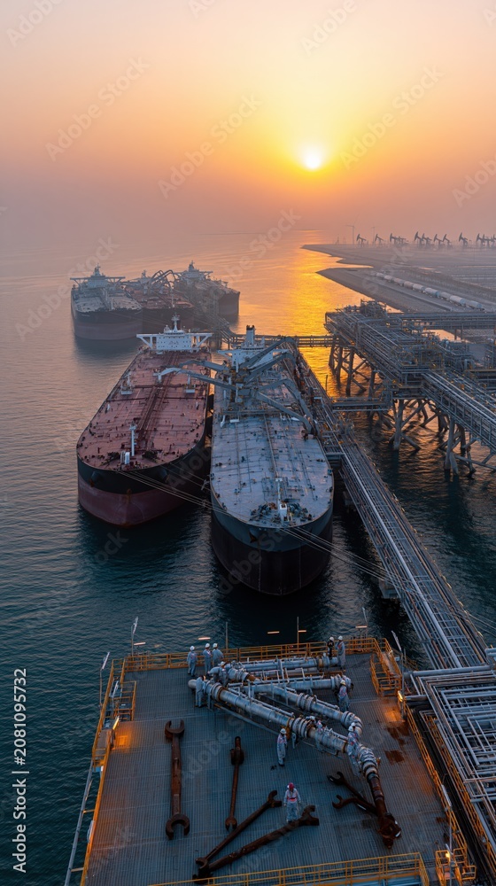 Fototapeta premium Aerial view of large cargo ships docked at an industrial port during a hazy sunrise with warm golden light illuminating the scene.