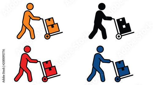 Delivery Icons: Four stylized stick figures, each in a different color (orange, black, red, blue), push hand trucks laden with boxes, representing delivery, logistics, and moving services.