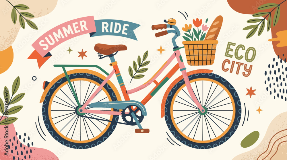 Fototapeta premium Modern Trendy Vector Bicycle Illustration in a Minimalist Flat Style Featuring Vibrant Colorful Details for Urban Transport and City Commuting Lifestyles Perfect for Graphic Design Projects
