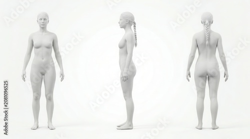 3D rendered medical illustration showing the average female body from multiple views.