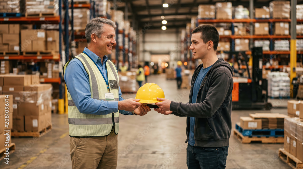 Naklejka premium Smiling warehouse supervisor handing a hard hat to a new young worker. Manager giving safety equipment to an employee during onboarding in a large logistics distribution center