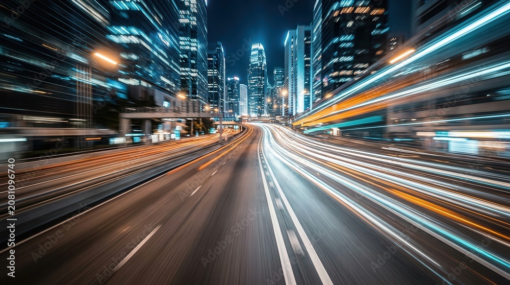 Fototapeta premium Fast motion blur of a city road at night with glowing lights.