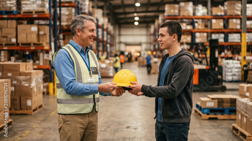 Smiling warehouse supervisor handing a hard hat to a new young worker. Manager giving safety equipment to an employee during onboarding in a large logistics distribution center