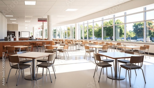 A large, well-lit cafeteria with rows of tables and chairs, surrounded by windows
