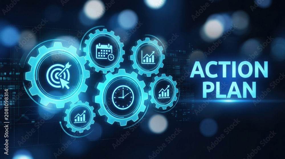 Fototapeta premium Strategic execution and goal setting for an action plan on a wide technology banner.