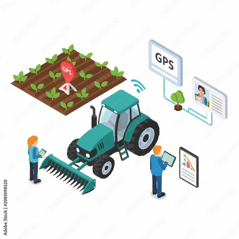 Obraz premium Modern agriculture with tractor, GPS, and digital farming technology.