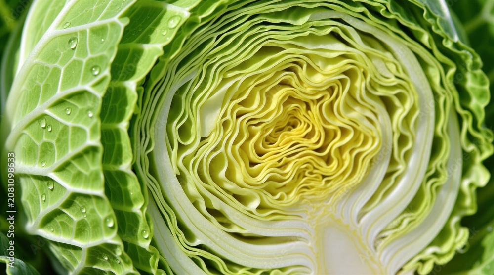 Obraz premium Cross section of fresh green cabbage reveals layered texture with water drops. Healthy raw vegetable shows intricate spiral pattern inside. Natural food detail good for cooking and diet concepts.