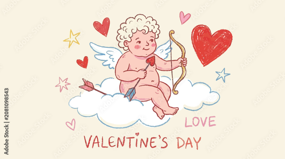 Obraz premium Hand Drawn Vector Illustration of a Cute Winged Cupid Sitting on a Cloud with a Bow and Arrow Symbolizing Love and Romance for Valentine Day Greeting Cards and Heart Decoration